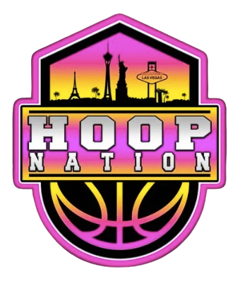 Colorful basketball logo with hoops and city skyline.
